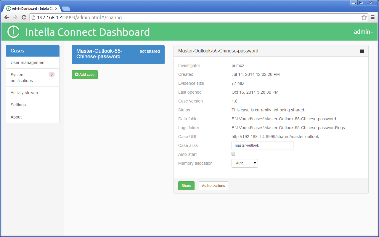 Intella Connect Dashboard