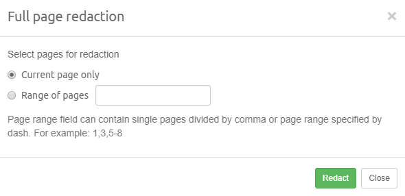 Redact full page dialog
