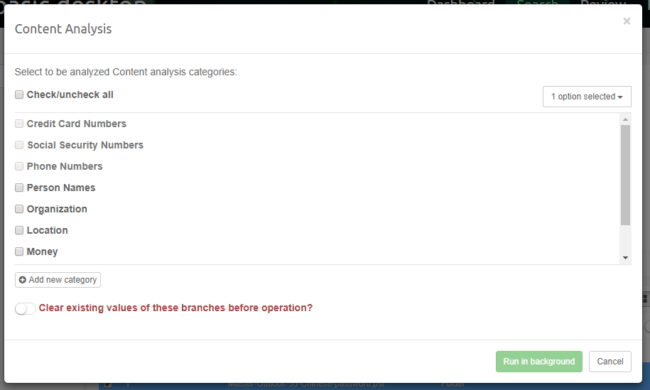 Content analysis dialog