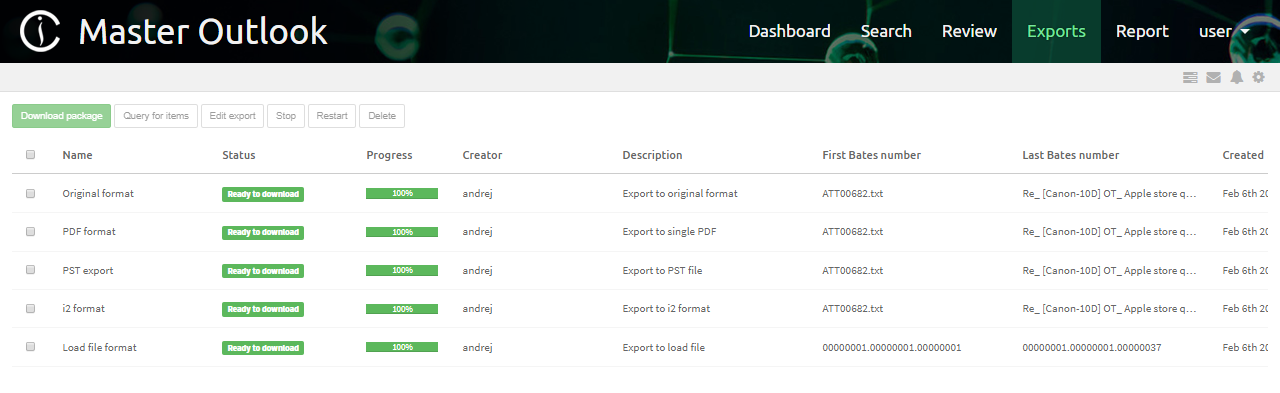 Exports view