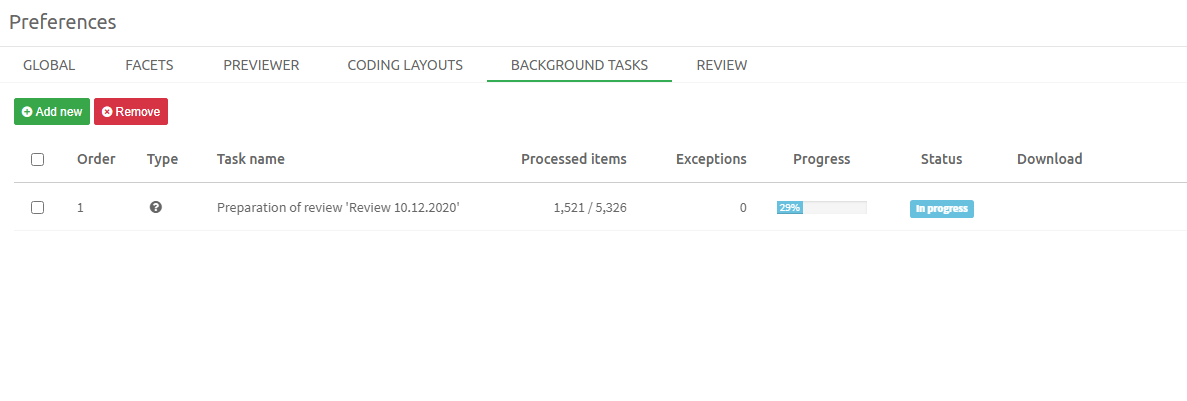 Preparing Predictive Coding review as background task