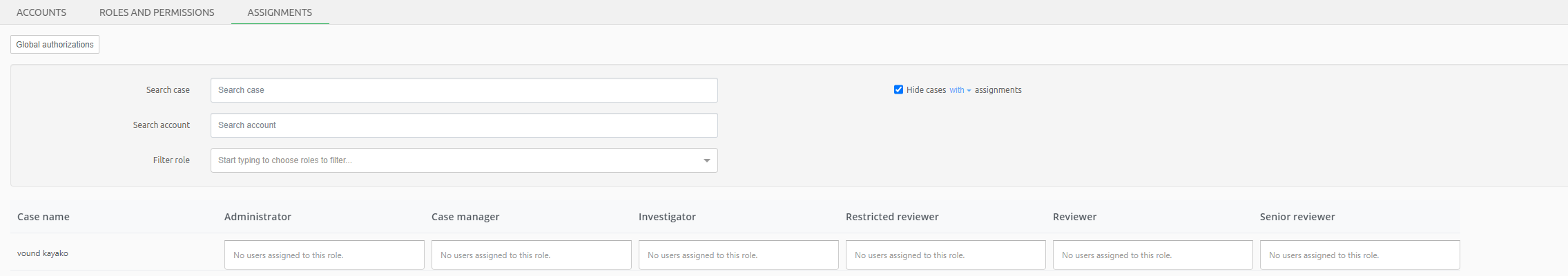 Assignments tab case filter with assignments
