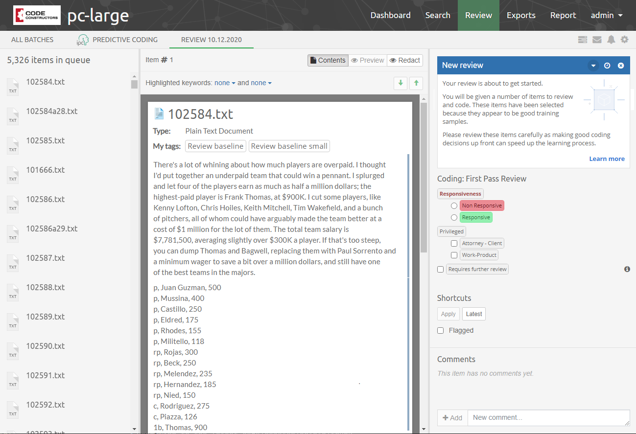 Predictive Coding review console