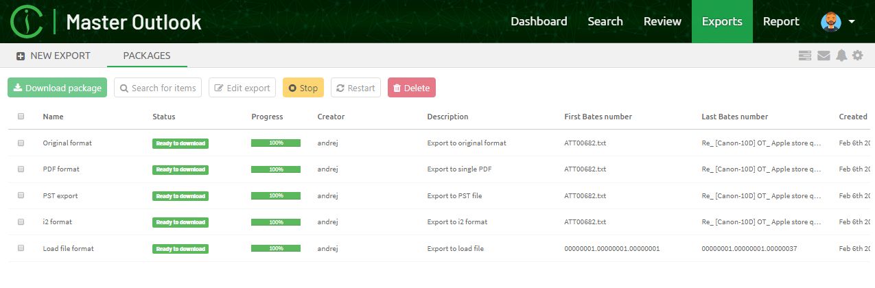 Export view