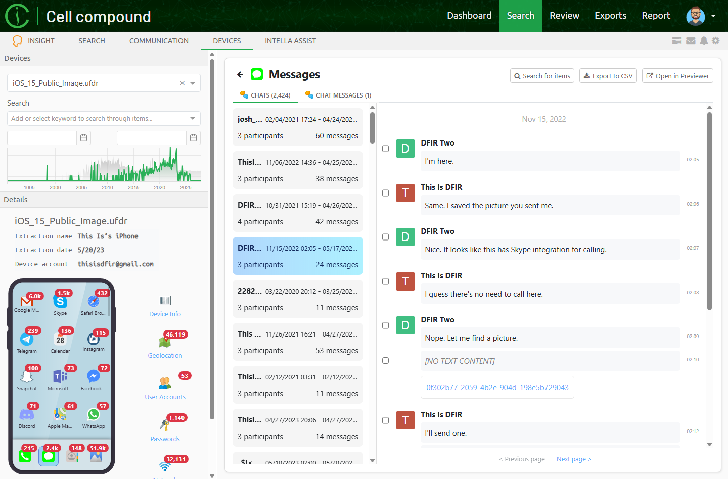 Devices view with results