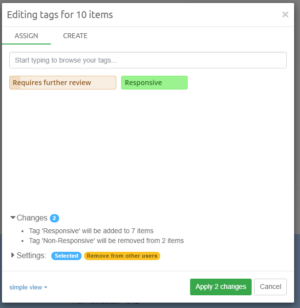Editing tags for many items - changes
