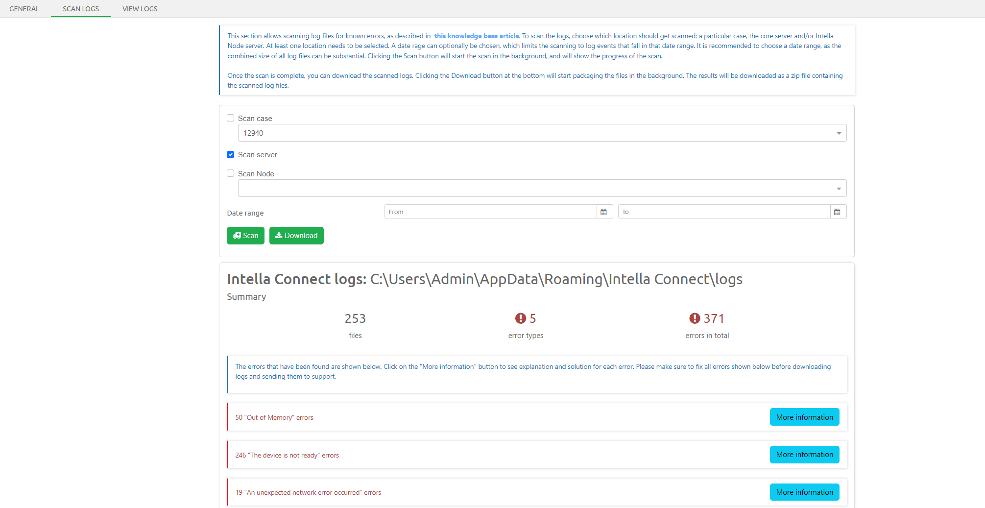 Scan and Download Logs