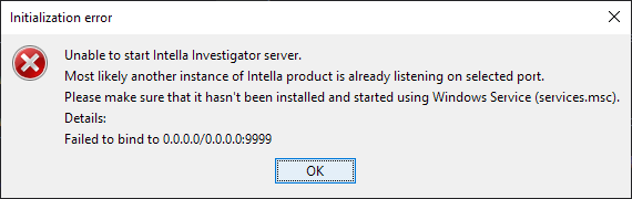 Dialog showing cannot start Intella Investigator when running as a service