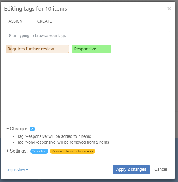 Editing tags for many items - changes